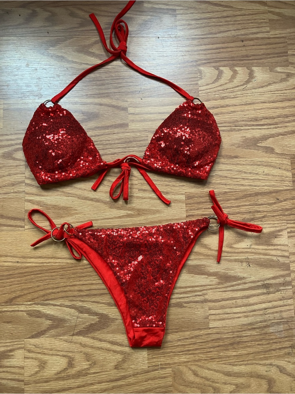 Sequin Tie Bikini Set - Red